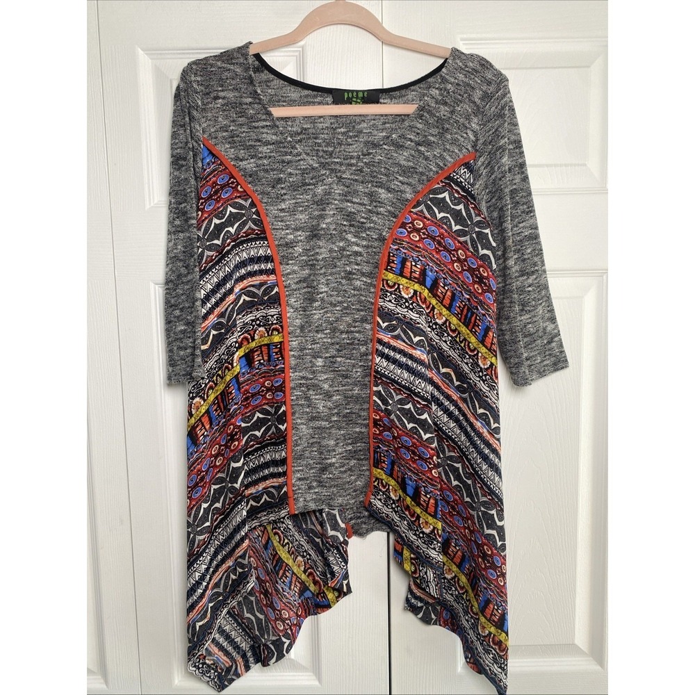 Poeme by Citron Sharkbite Tunic Womens Size L Grey Multi Tribal Boho Knit Top